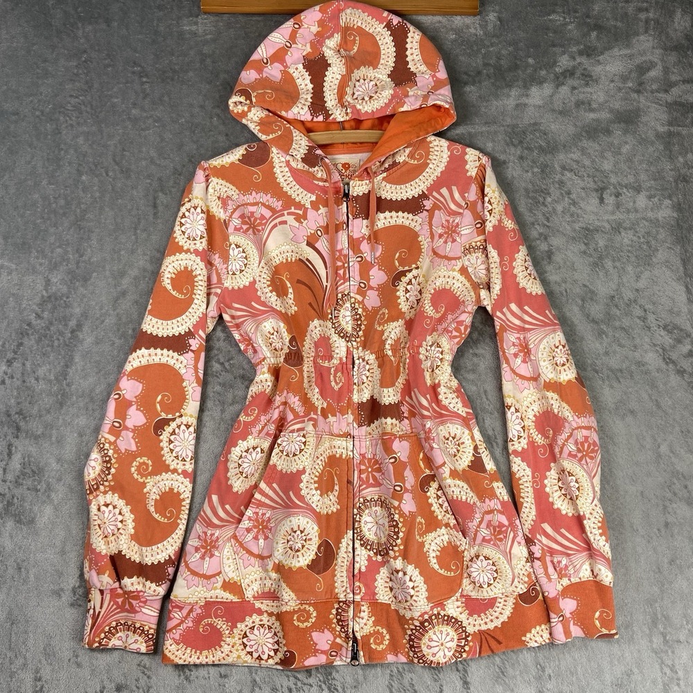 Vtg Lucky Brand Sweatshirt‎ Womens Sz M Orange Pink Y2K Full Zip Hoodie Babydoll
